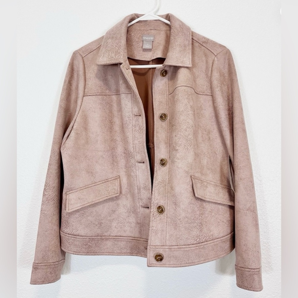 Chico's | Tan Scuba Suede Button Up Jacket - Picture 3 of 5